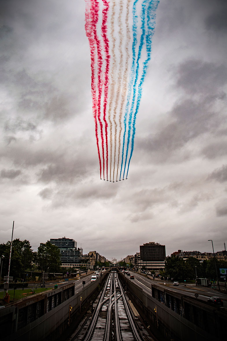 The Patrouille de France starting the air show for the French National Day, Paris, France, 14 Juillet 2021, (Nos Dren).