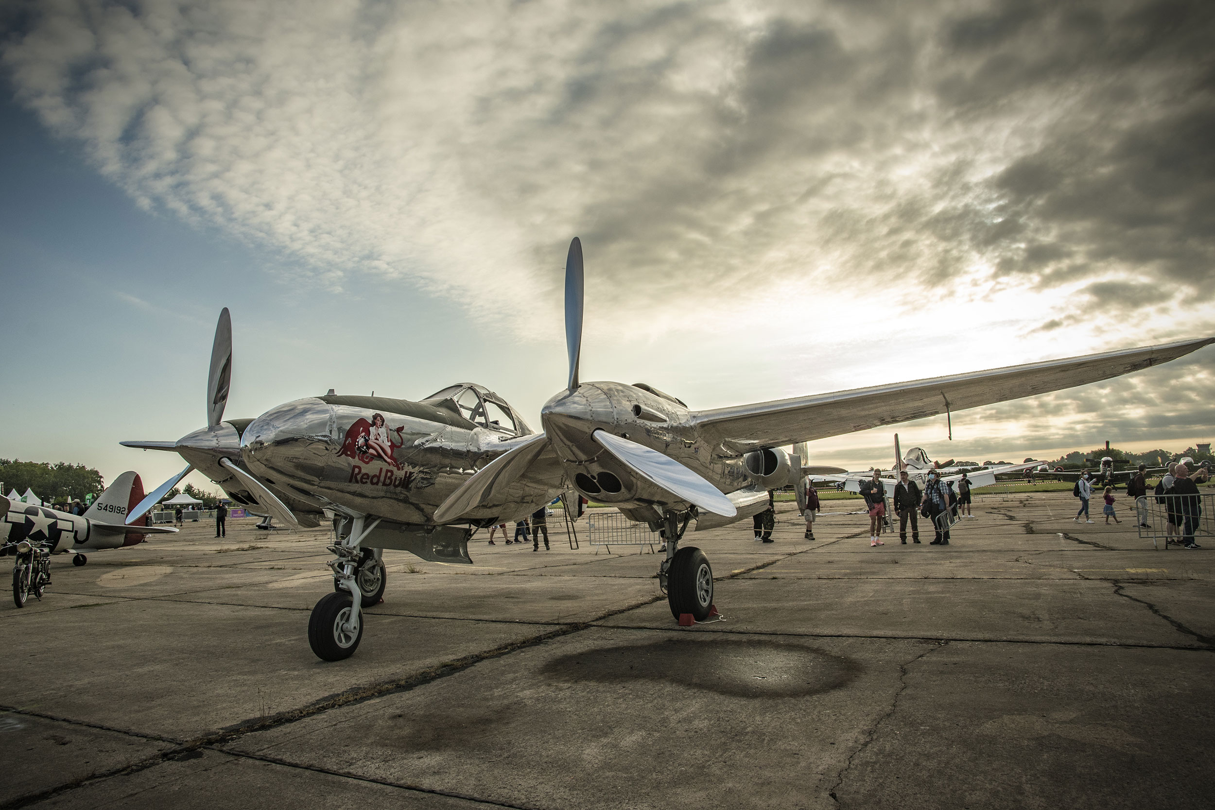 Lockheed P38 Lightning fighter, Operator: Flying Bulls, Pilot: Raimund Riedmann, Air Legend 2021, Nos Dren