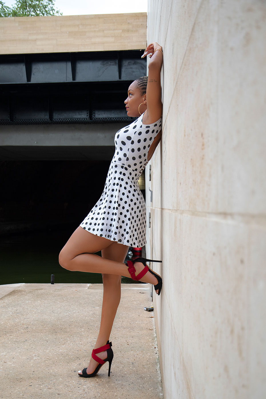 Laetitia, the beautiful black pinup girl in sexy dress and high heels at Paris Bastille, France 2021 (Nos Dren).