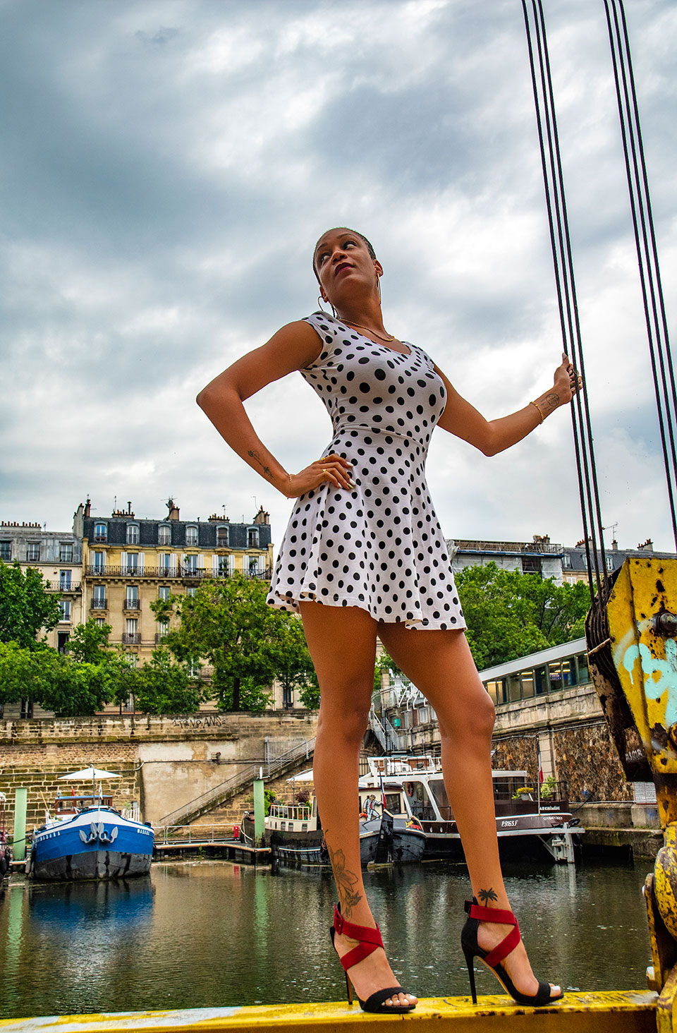 Laetitia, the beautiful black pinup girl in sexy dress and high heels at Paris Bastille, France 2021 (Nos Dren).
