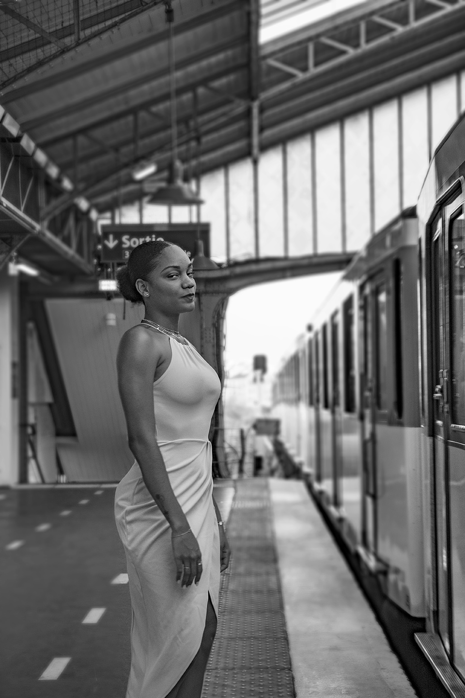 Fashion model Laurine at Paris, Black and white photography, Bir Hakeim metro subway, Eiffel Tower, France, (Nos Dren).