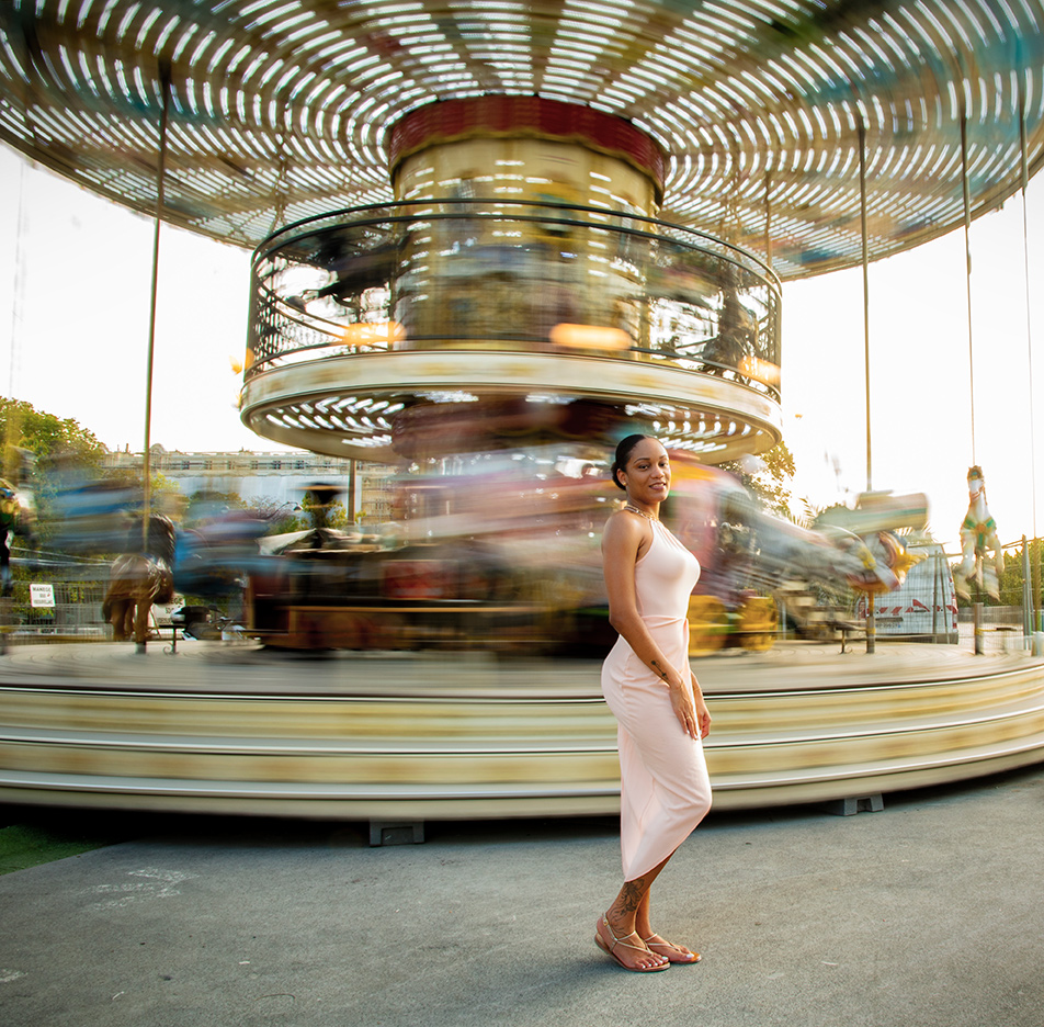 Fashion model Laurine at Paris, Slow shutter speed photography, Eiffel Tower Carrousel, France, (Nos Dren).