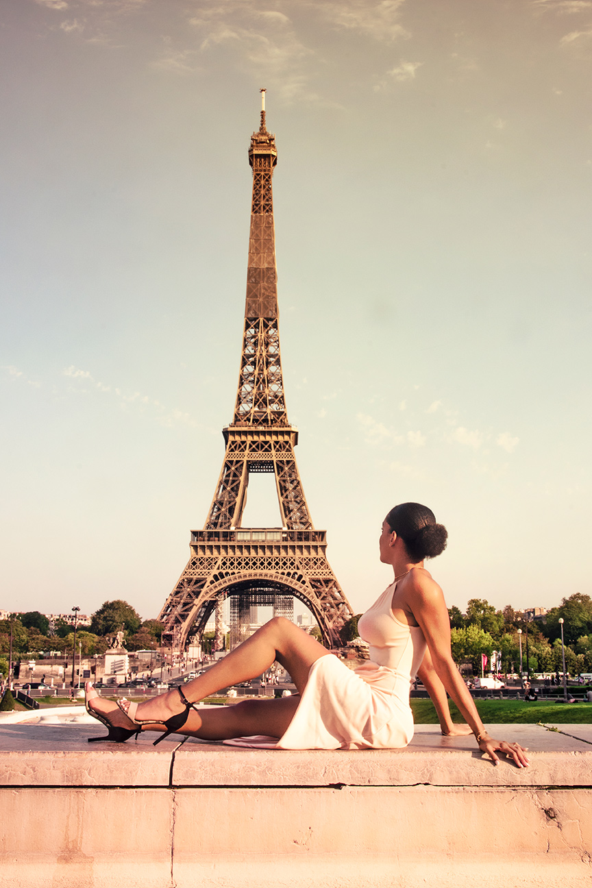 Fashion model Laurine at Paris, Trocadero, Eiffel Tower, France, (Nos Dren).
