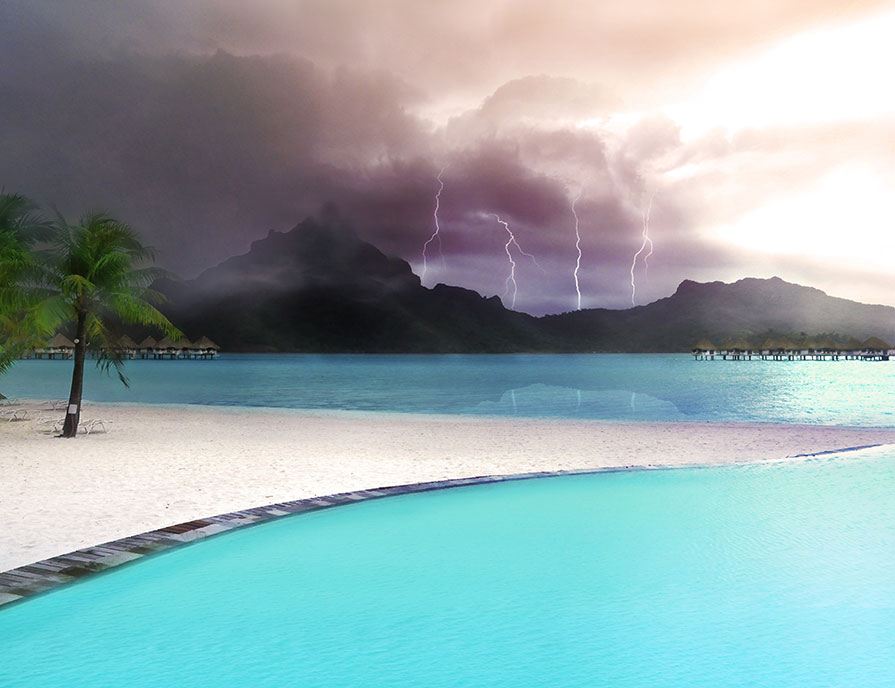 French Polynesian paradise island Bora Bora under lightning strikes storm view from the blue lagoon. (Nos Dren)