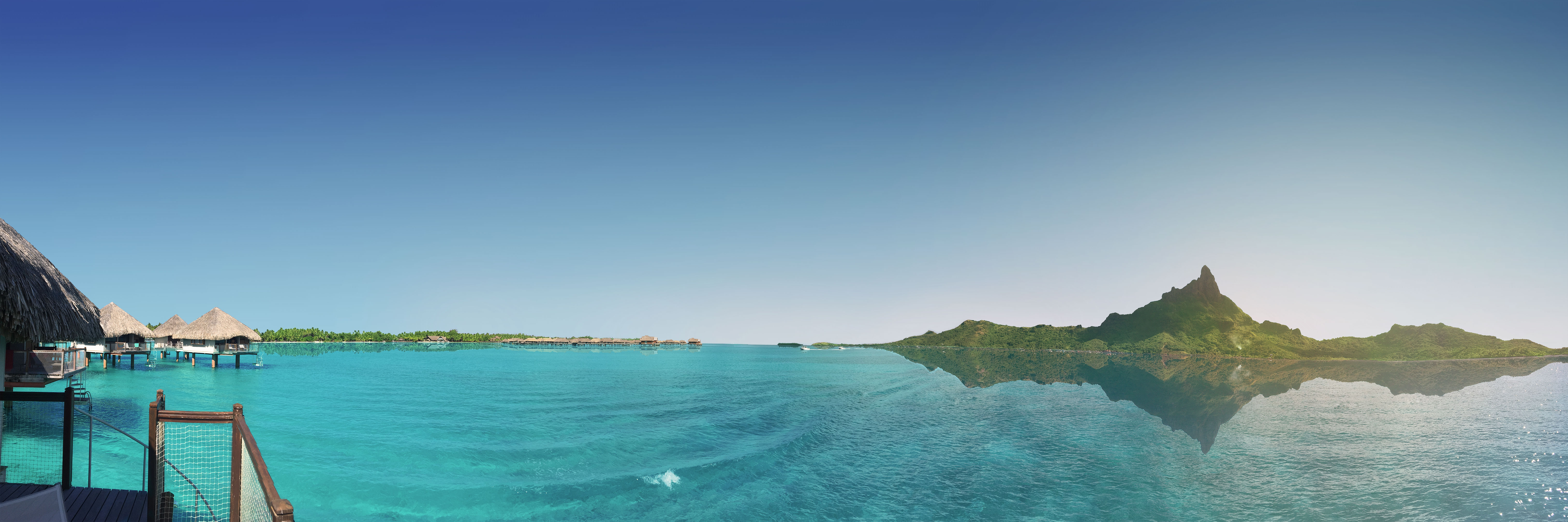 Bora Bora French Polynesian island 4K wallpaper background, large 360 panorama of the crystal blue water, mount Otemanu, stilt houses and palm trees, from Le Méridien Bora Hotel. (Nos Dren)