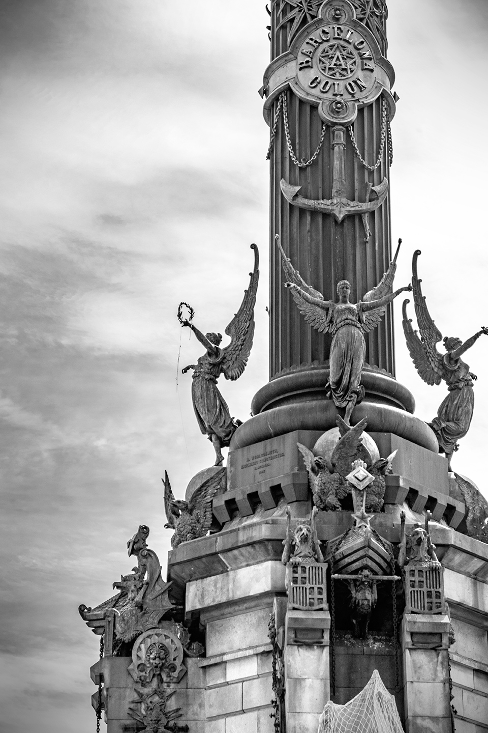 Black and white photography of the Columbus Monument colomat Placa Portal de la Pau, Barcelona, Catalonia, Spain, (Nos Dren).