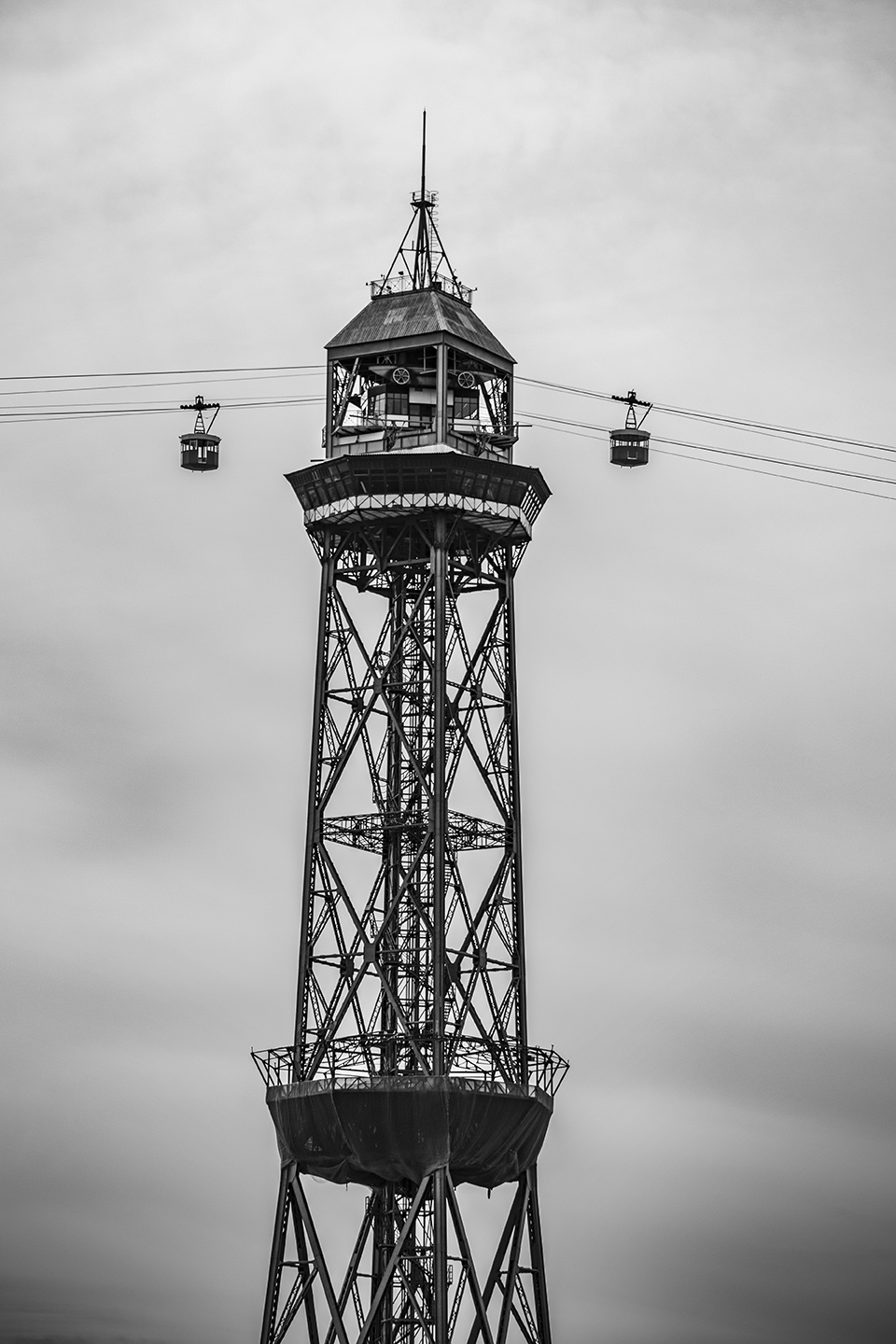 Black and white photography of the Barcelona Cable Car Teleferic de Montjuic, Barcelona, Catalonia, Spain, (Nos Dren).