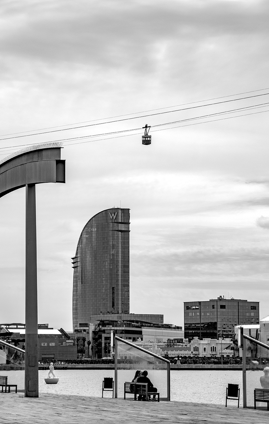 Black and white photography of the Barcelona Cable Car Teleferic de Montjuic and W Barcelona Hotel, Barcelona, Catalonia, Spain, (Nos Dren).