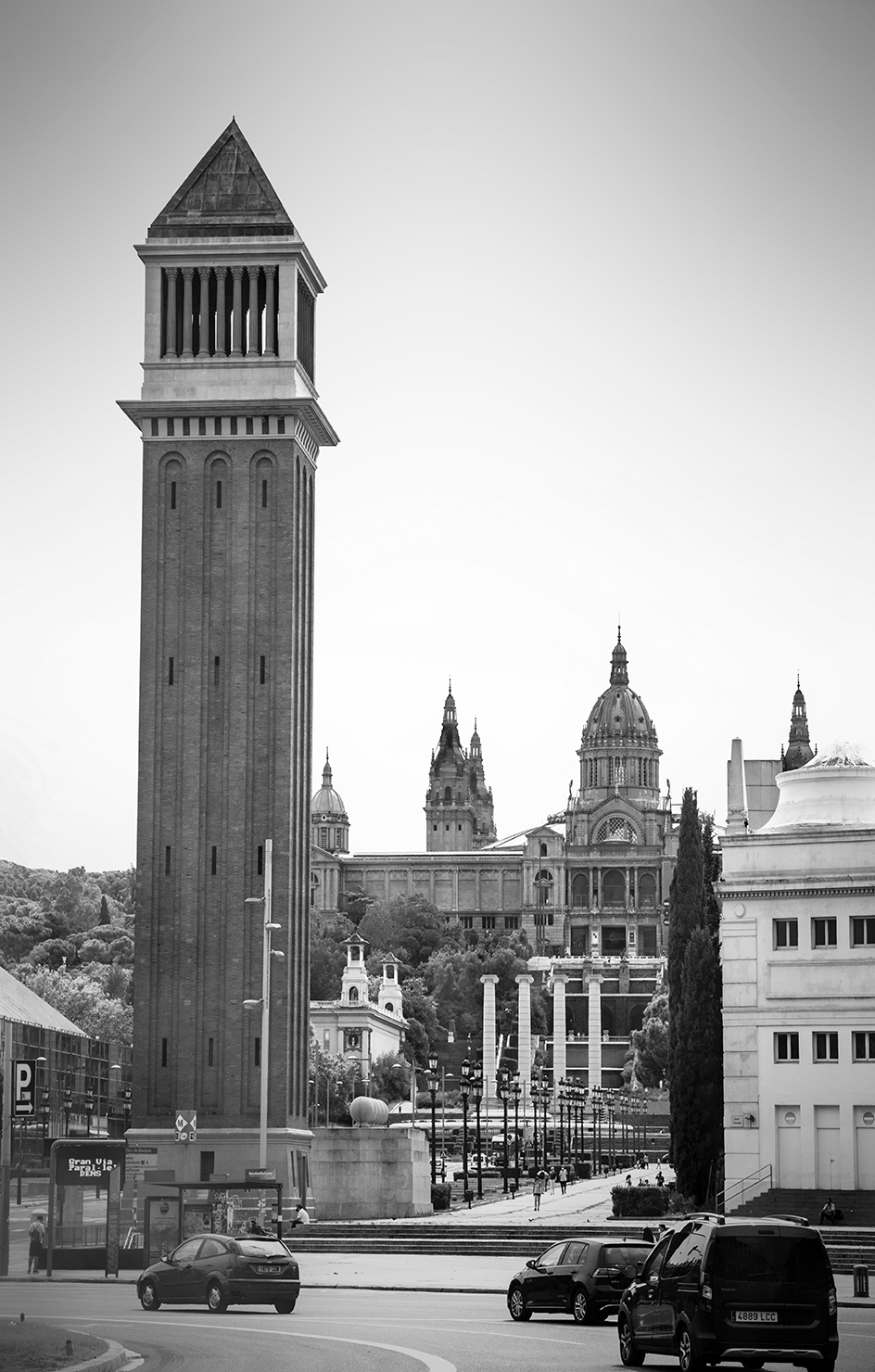Black and white photography of the tower Torres Venecianes, Placa de las Cascades and MNAC Museum, Barcelona, Catalonia, Spain, (Nos Dren).