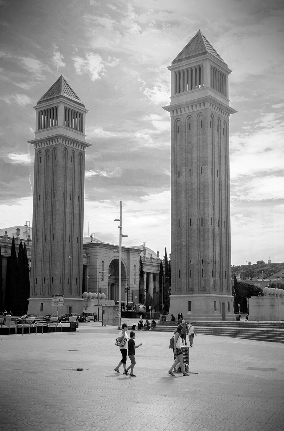 Black and white photography of the towers Torres Venecianes at Placa d'Espanya, Barcelona, Catalonia, Spain, (Nos Dren).