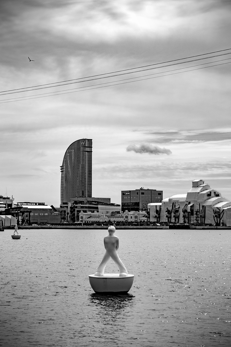 Black and white photography of W Barcelona Hotel and harbor, Barcelona, Catalonia, Spain, (Nos Dren).