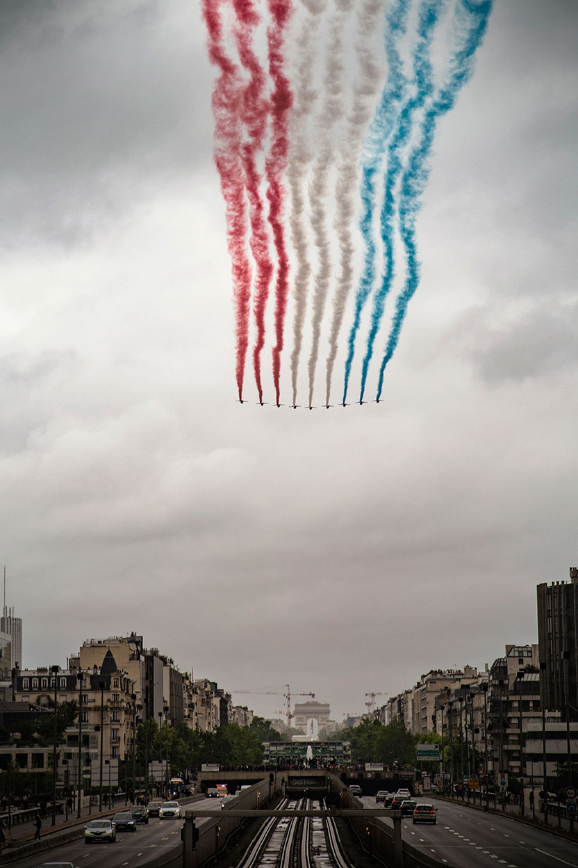 The Patrouille de France starting the air show for the French National Day, Paris, France, 14 Juillet 2021, (Nos Dren).