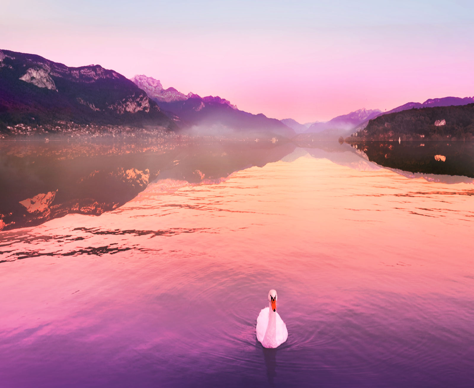 Sunset and reflection in the Lake of Annecy in Haute-Savoie, France, (Nos Dren)
