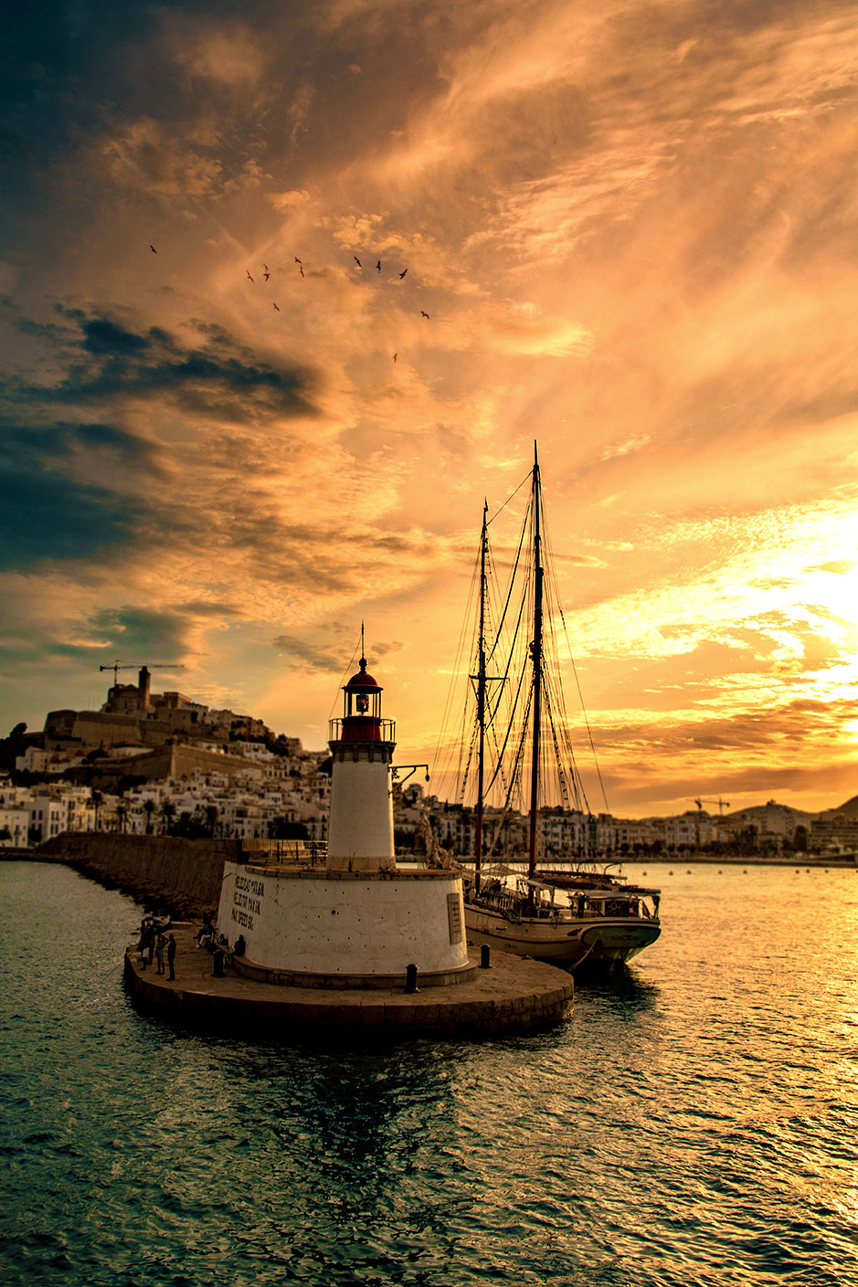 Lighthouse of Ibiza, Eivissa harbour and Dalt Vila, Balearic Islands, Catalonia, Spain. (Nos Dren).