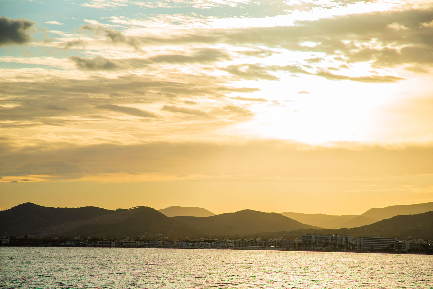 Ibiza city view from the sea by sunset, Balearic Islands, Catalonia, Spain. (Nos Dren).