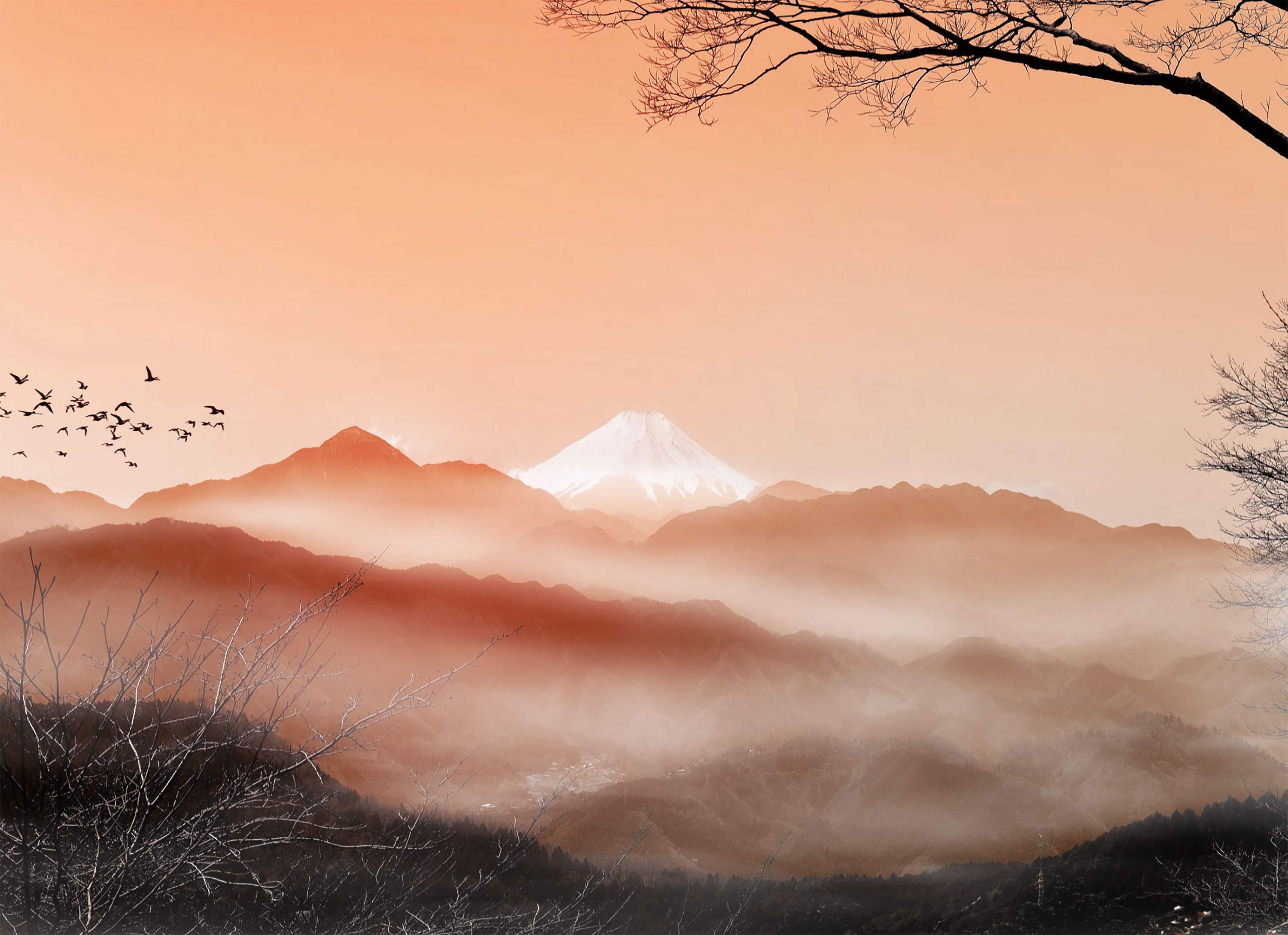 Mount Fuji, Fuji-san or Fujiyama with mist in the valleys around, 4K wallpaper, (Nos Dren)