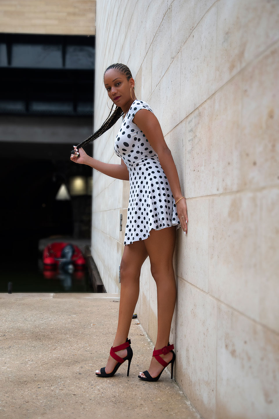 Laetitia, the beautiful black pinup girl in sexy dress and high heels at Paris Bastille, France 2021 (Nos Dren).