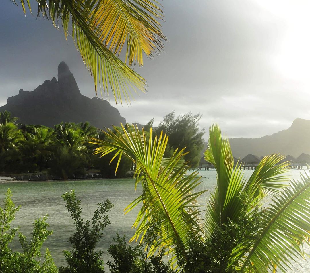 French Polynesia, Bora Bora island, mount Otemanu in the mist took from the other side of the atoll with green palm trees all around and a nice backlight. (Nos Dren)