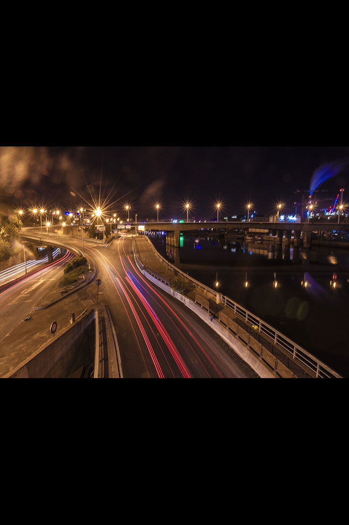 Bercy road with light trails at night, Nos Dren